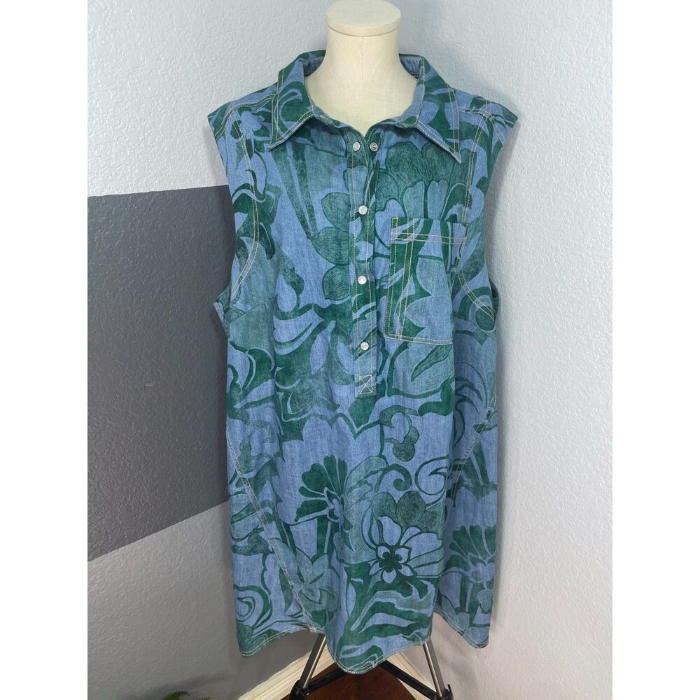 Pilcro Anthropologie Floral Denim Sleeveless Mini Shirt Dress 2X Blue Green Boho
